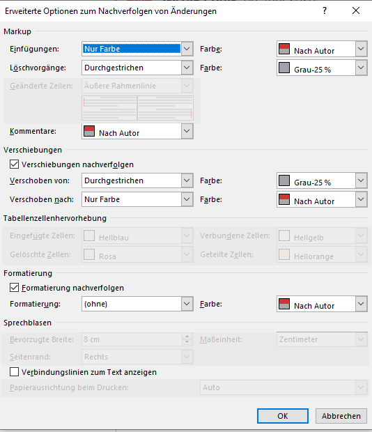 Empfohlene Einstellungen in den erweiterten Optionen zum Nachverfolgen von Änderungen