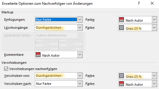 Screenshot Word: Dialog mit erweiterten Optionen zum Nachverfolgen von Änderungen. Bei Markup > Löschvorgänge und Verschiebungen von ist jeweils Durchgestrichen und als Farbe ein Grauwert ausgewählt