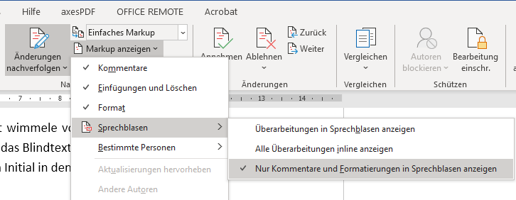 Screenshot Word: Menüpunkt Nur Kommentare und Formatierungen in Sprechblasen anzeigen, der über das Menü bei Markup anzeigen erreichbar ist