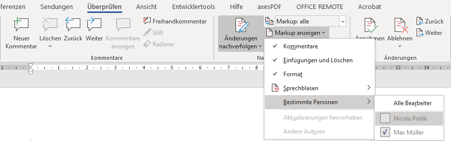Markup anzeigen: Änderungen bestimmter Personen ausblenden