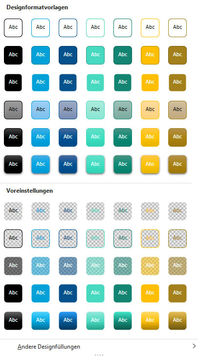 Designformatvorlagen für Formen auf der Grundlage meiner Beispiel-Farbpalette Screenshot PowerPoint: Designformatvorlagen für Formen auf der Grundlage meiner Beispiel-Farbpalette