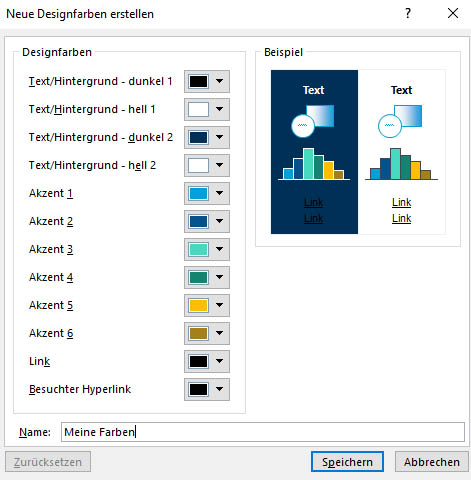Dialogfeld Neue Designfarben erstellen in PowerPoint Dialogfeld Neue Designfarben erstellen in PowerPoint