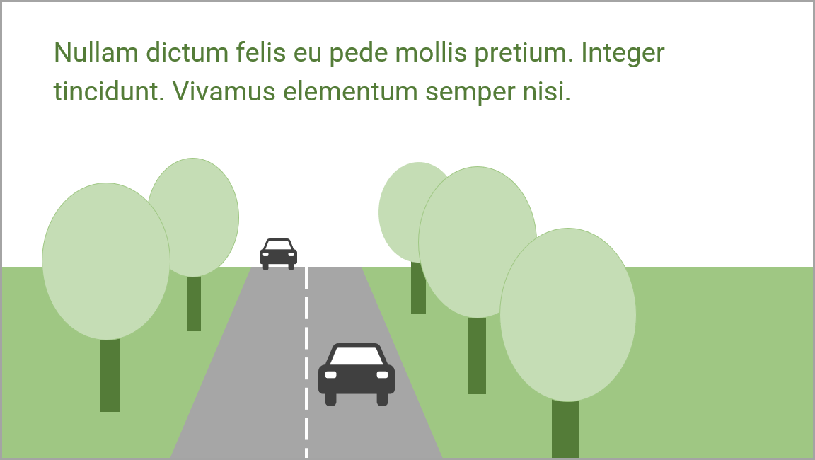 frontaler Blick auf Straße mit zwei Autos, die zum Horizont hin schmaler wird, an beiden Seiten stehen Bäume, über der Szene zwei Textzeilen