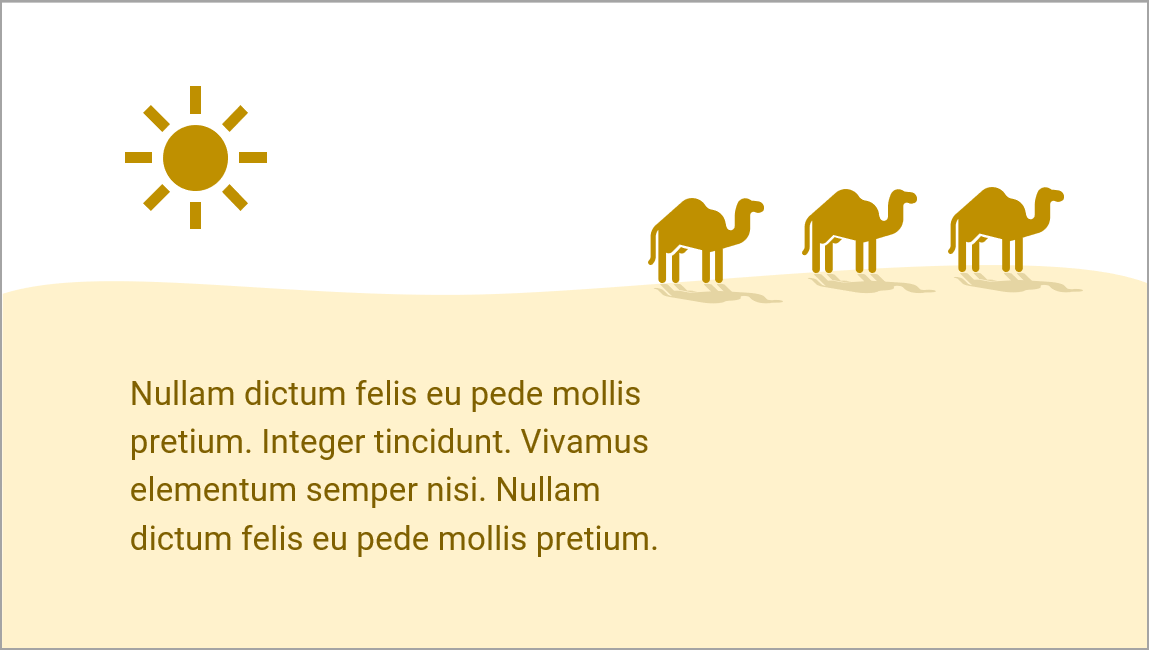 Wüstenszene mit drei Kamelen, die Schatten werfen und einer tiefstehenden Sonne, im Wüstensand ein paar Textzeilen