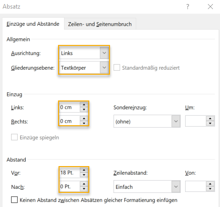 Absatzformate Icon-Tabellenzelle bei zweizeiliger Überschrift: Ausrichtung links, Gliederungsebene Textkörper, Einzug links und rechts null, Abstand vor 18 pt, Abstand nach null