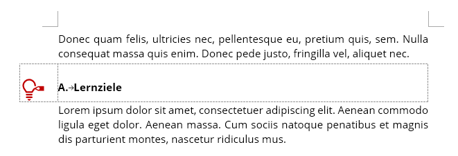 Zweispaltige Tabelle mit einer Zeile. In der linken, sehr schmalen Zelle, die in den linken Seitenrand hineinragt, sitzt ein Icon, in der rechten, die die Breite des Satzspiegels hat, die Überschrift.