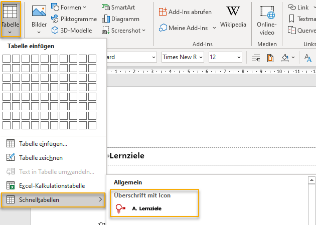 Screenshot Word: Aufgeklapptes Menü Schnelltabellen, über das das die soeben erstellte und gespeicherte Tabelle per Klick in den Text eingefügt werden kann