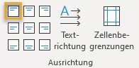 Screenshot Word, Registerkarte Tabellenlayout, Gruppe Ausrichtung, markiert ist die Ausrichtung oben links