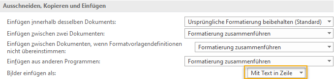 Word-Optionen, Abschnitt Ausschneiden, Kopieren und Einfügen; bei "Bilder einfügen als" ist "Mit Text in Zeile" ausgewählt und markiert