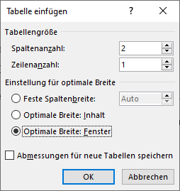 Word: Dialogfeld Tabelle einfügen mit den angegebenen Einstellungen