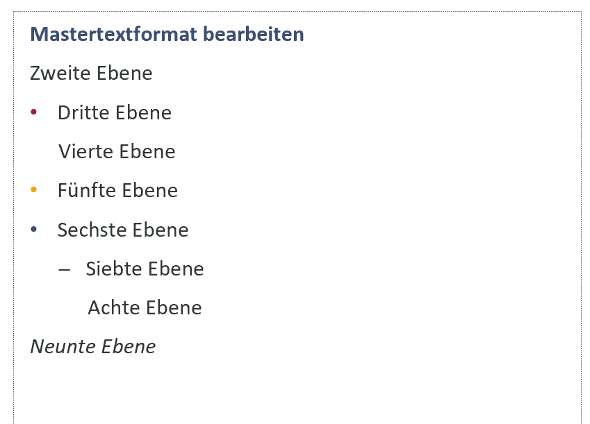 Beispiel für definierte Absatzformatvorlagen im Notizenmaster in PowerPoint: erste Ebene: fetter blauer Text, zweite Ebene: schwarzer Text, dritte Ebene: roter Listenpunkt mit schwarzem Text usw. Hinter allen Absätzen sind Abstände zum nächsten Absatz eingerichtet