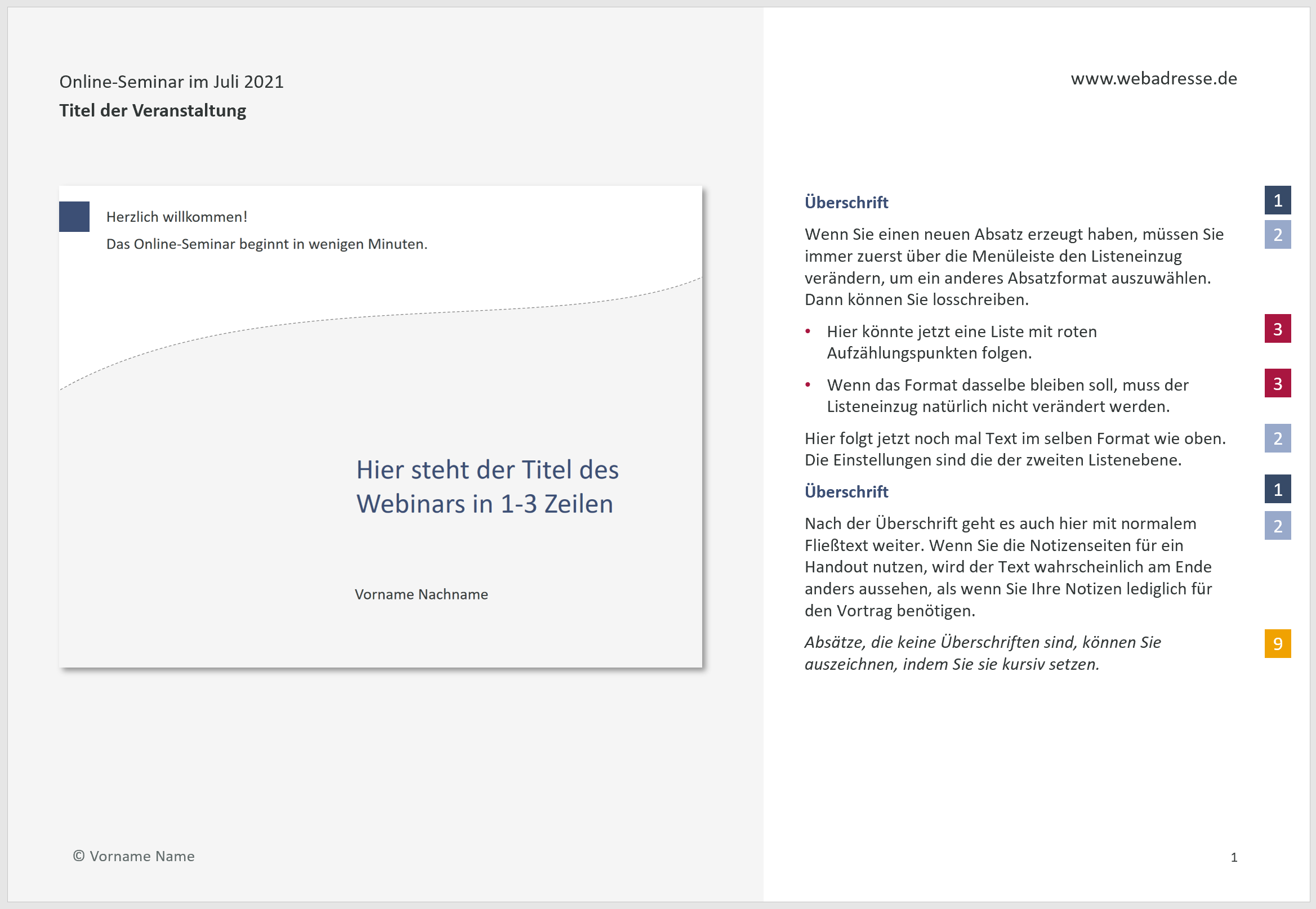 Beispiel einer gestalteten Notizenseite in PowerPoint mit verschiedenen Absatzformaten im Textplatzhalter, die mittels farbiger Quadrate den Listenebenen im Notizenmaster zugeordnet sind