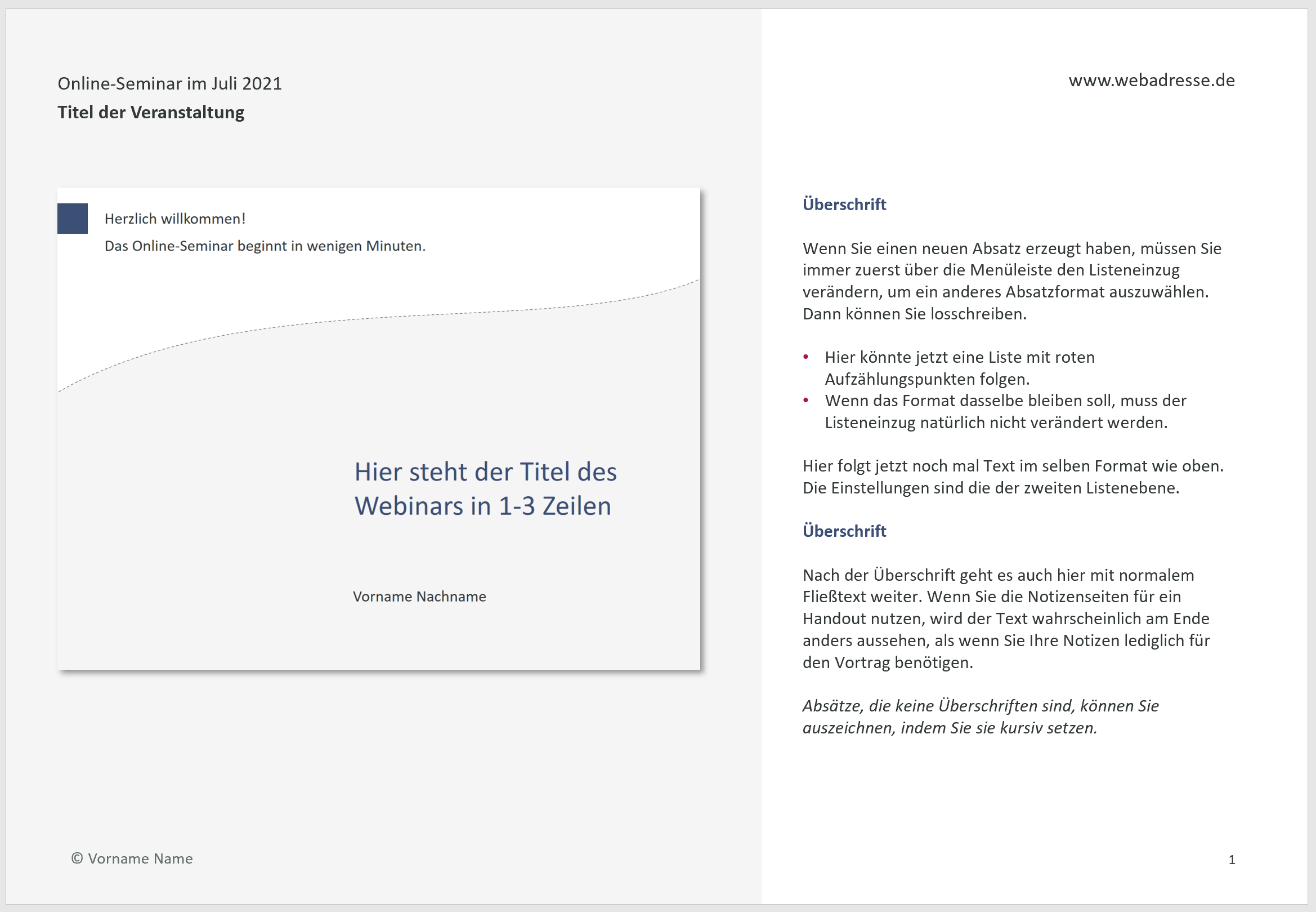 Beispiel einer gestalteten Notizenseite im Querformat: Links auf einer grauen Fläche das Folienbild, rechts eine Textspalte mit unterschiedliche formatierten Absätzen