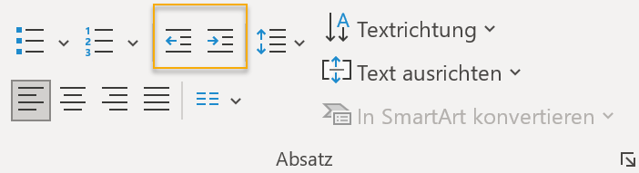 Screenshot: Gruppe Absatz auf der Registerkarte Start in PowerPoint mit markierten Symbolen für den Listeneinzug Screenshot PowerPoint: Gruppe Absatz auf der Registerkarte Start mit markierten Symbolen für den Listeneinzug