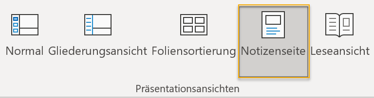 Screenshot PowerPoint: Präsentationsansichten auf der Registerkarte Ansicht mit markierter Ansicht Notizenseite 