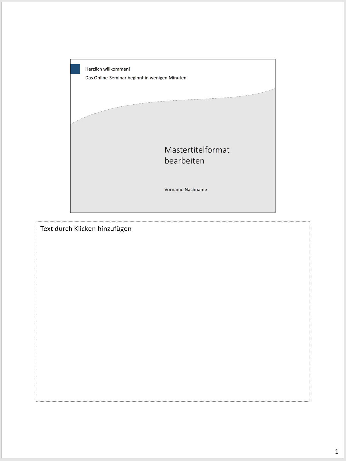 Standardansicht der Notizenseiten in PowerPoint anhand eines Beispiels: oben das mittig platzierte Folienbild, darunter ein Textplatzhalter