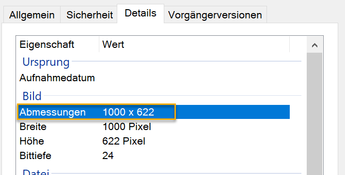 Screenshot: Dialogfeld der Bildeigenschaften im Explorer mit Reiter Details, auf dem die Abmessungen des Bildes angegeben sind