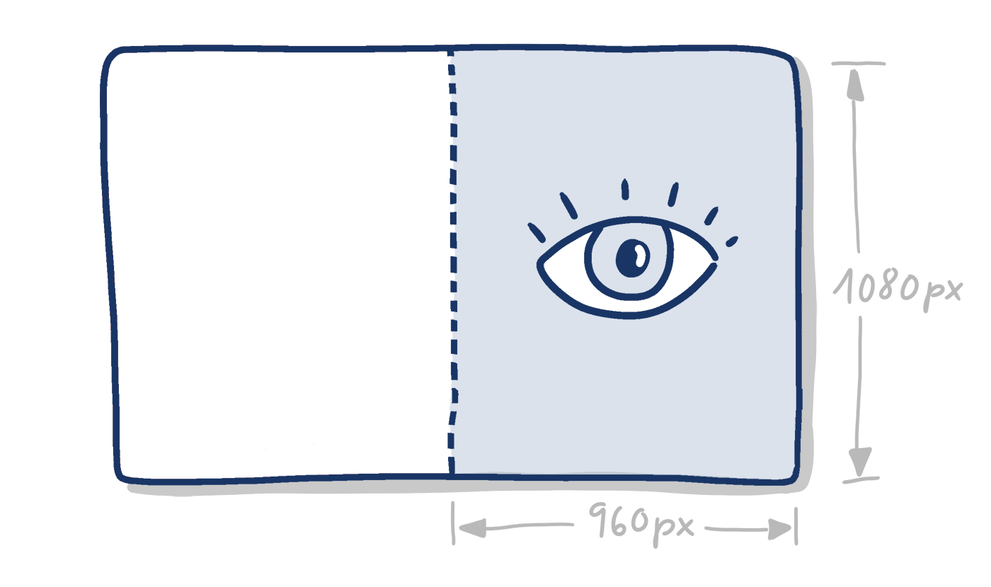 Handgezeichnetes Rechteck mit markierter rechter Hälfte und Angabe der Pixelmaße 960 px in der Breite und 1080 px in der Höhe