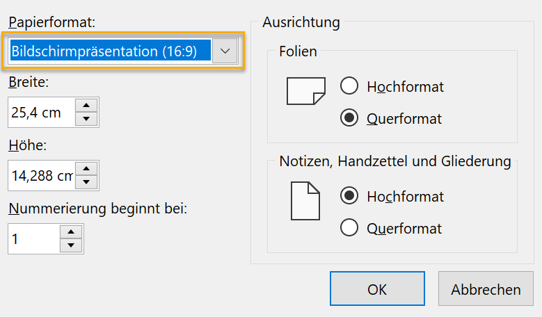 Screenshot PowerPoint: Dialogfeld Foliengröße mit markierter Einstellung Bildschirmpräsentation (16:9) beim Papierformat