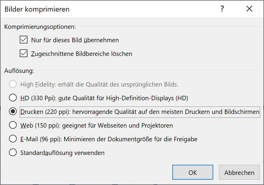 Screenshot PowerPoint: Dialogfeld Bilder komprimieren