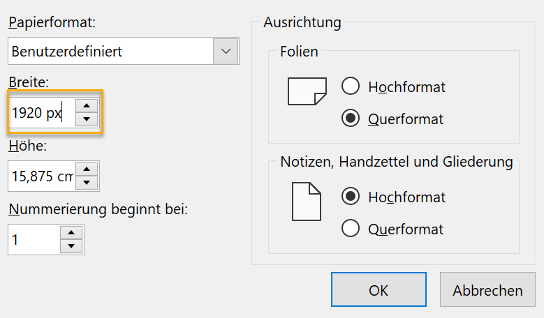 Screenshot PowerPoint: Dialogfeld Foliengröße mit markierter Eingabe 1920 px in das Feld Breite