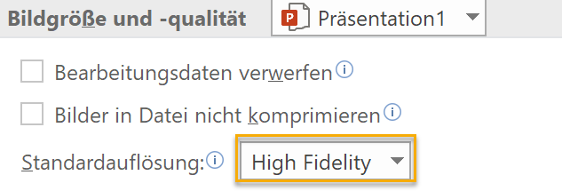 Screenshot PowerPoint: Einstellung der Bildgröße und -qualität in den Optionen mit markierter Standardauflösung High Fidelity