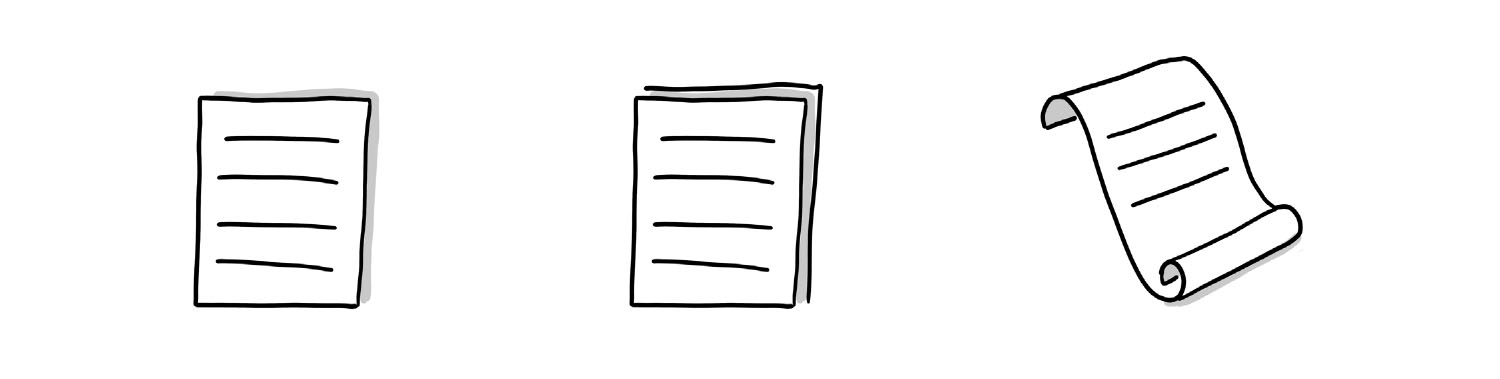 Ein Blatt mit Linien, ein angedeuteter Papierstapel mit Linien, ein entrolltes Blatt mit Linien