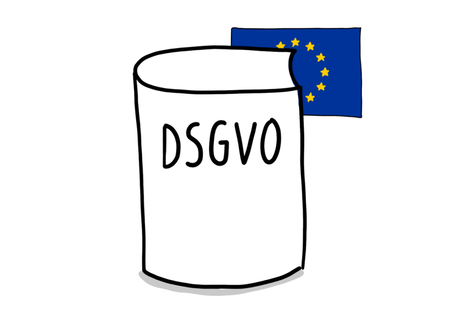 Buch mit den Buchstaben DSGVO auf dem Cover, dahinter eine Europaflagge