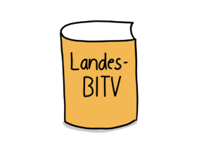 Einfache Zeichnung eines stehenden Buches, auf dem Landes-BITV steht