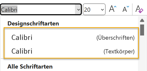 Screenshot PowerPoint: Aufgeklapptes Schriftmenü, in dem nur die Designschriftarten zu sehen sind 