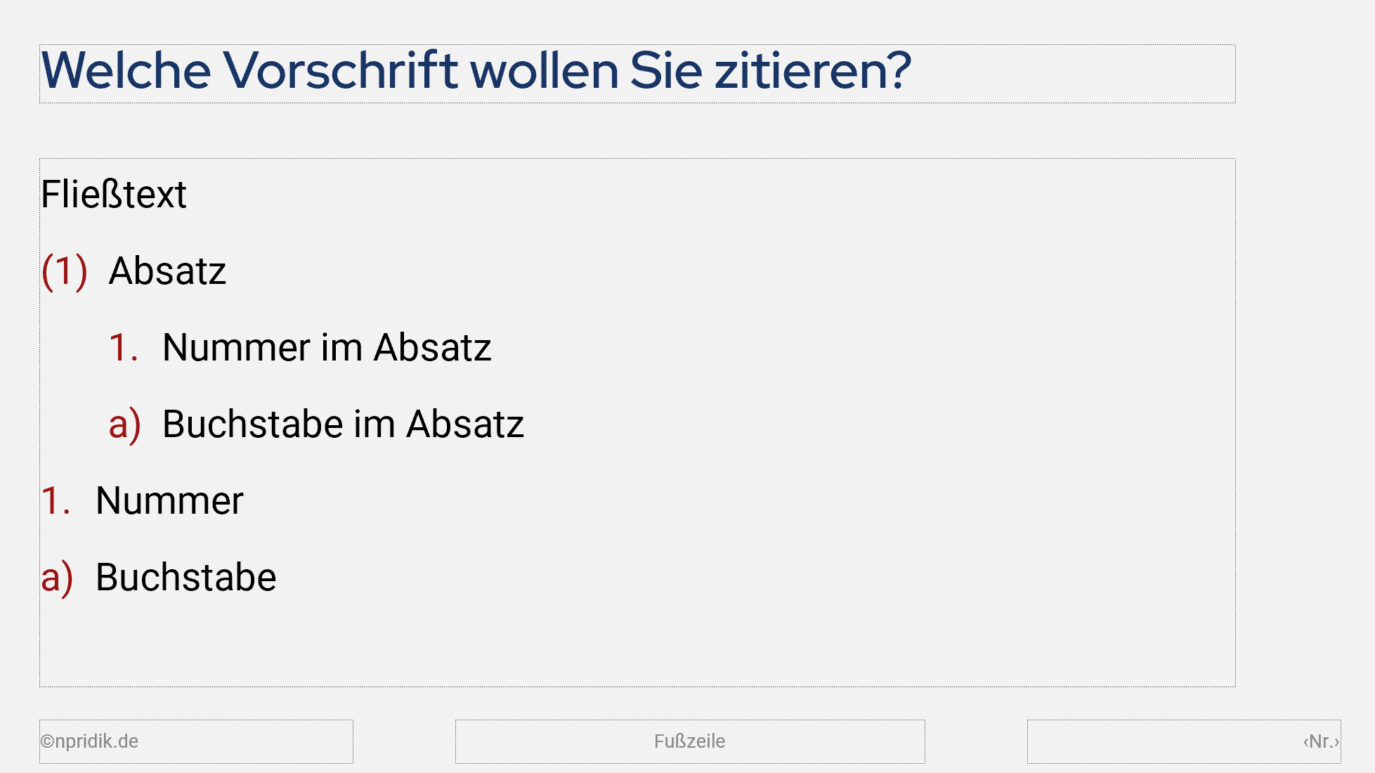Beispiel Absatzformate für Gesetzestext Folienlayout mit definierten Absatzformaten für Gesetzestext