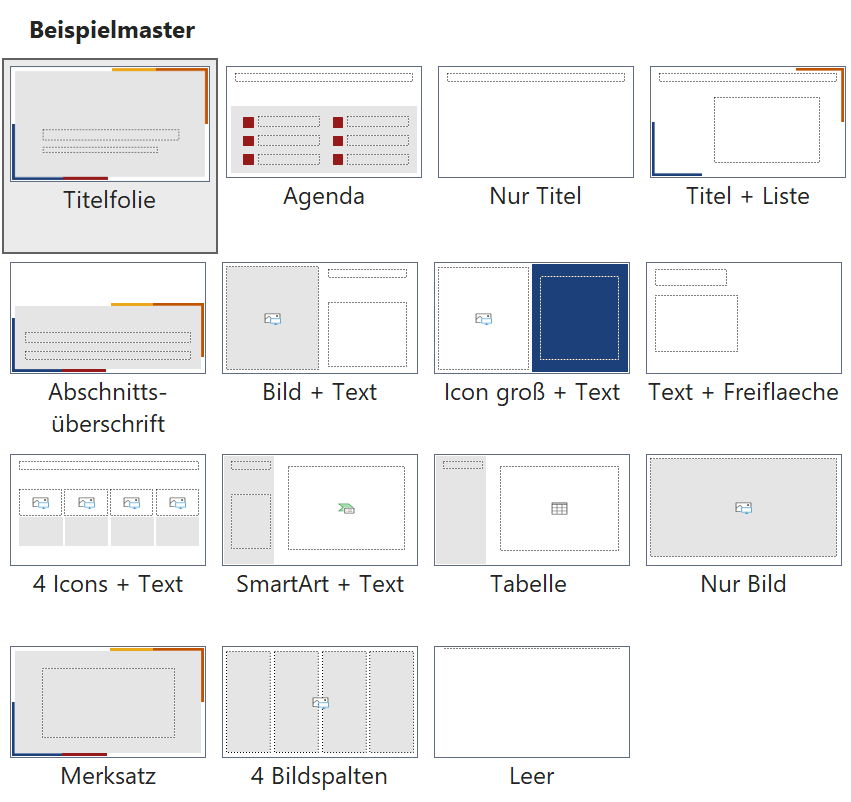 Beispiele für Folienlayouts Layoutgalerie mit gut 20 Layoutbeispielen, die durch gelbe Folien in Abschnitte eingeteilt wird