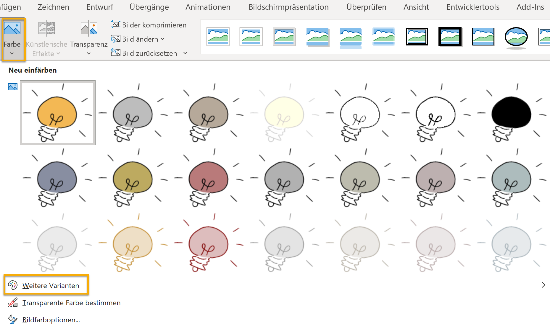 Screenshot PowerPoint: Farbauswahl auf der Registerkarte Bildformat für die als EMF eingefügte Glühbirne, Markiert ist unter einer Auswahl verschiedenfarbiger Glühbirnen der Punkt Weitere Varianten.