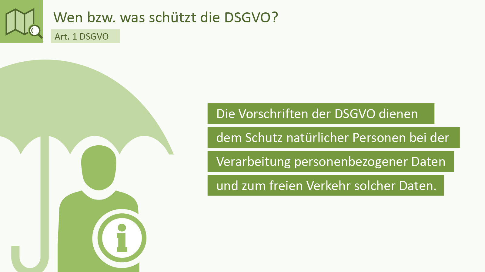 Wen bzw. was schützt die DSGVO? Person mit I-Kennzeichnung unter einem Schirm