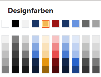 Designfarbpalette mit den Farben von Nicola Pridik: Dunkelblau, verschiedene Grautöne, gelb und dunkelrot