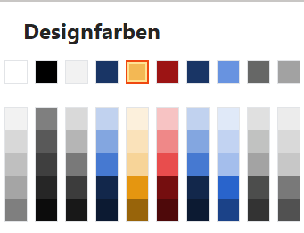 Beispiel Designfarbpalette Designfarbpalette mit den Farben von Nicola Pridik: Dunkelblau, verschiedene Grautöne, gelb und dunkelrot