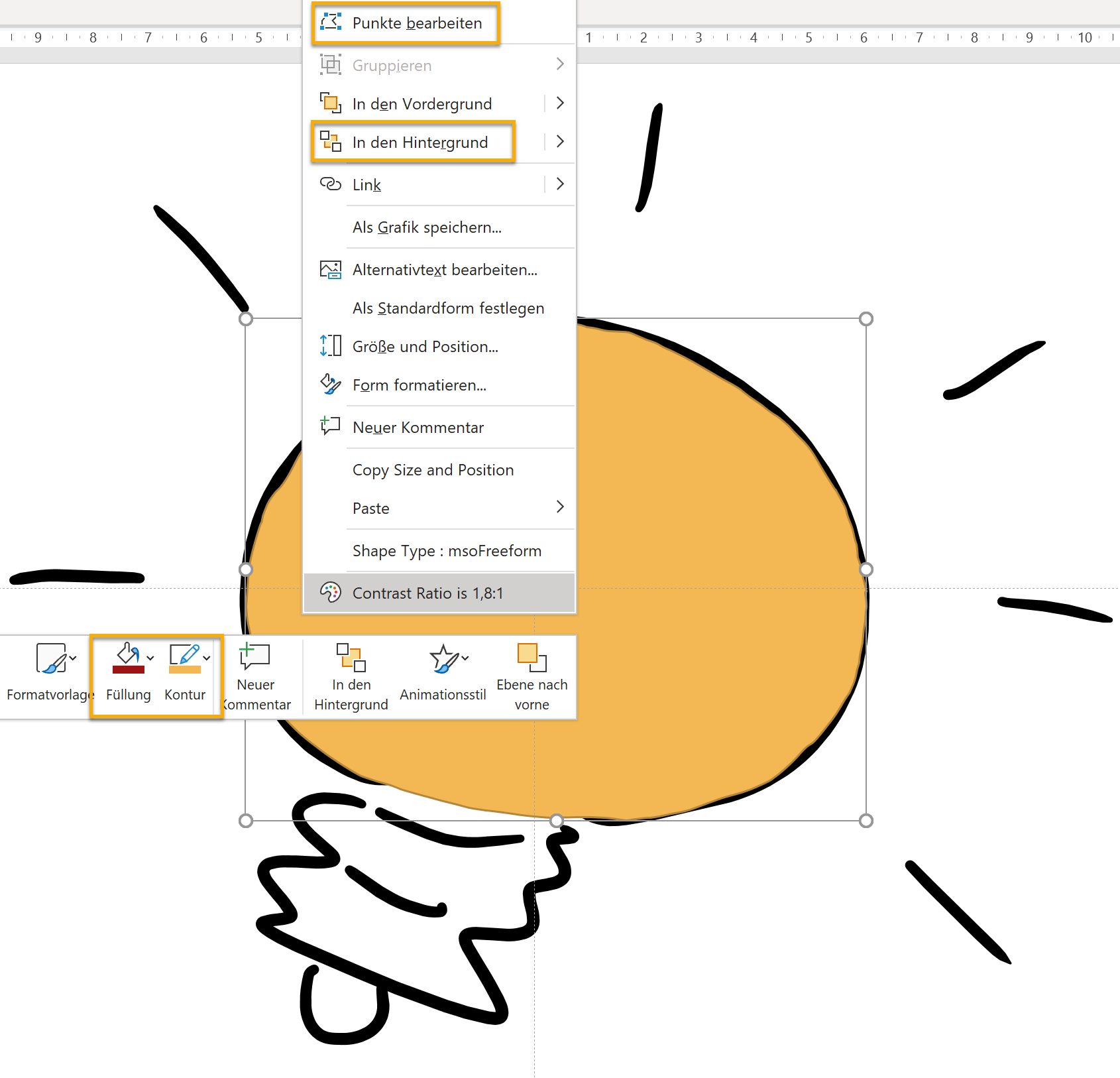 Markierte orangefarbene Freihandfüllfläche der Glühbirne mit aufgeklapptem Kontextmenü, in dem Füllung und Kontur sowie Punkte bearbeiten und In den Hintergrund markiert sind