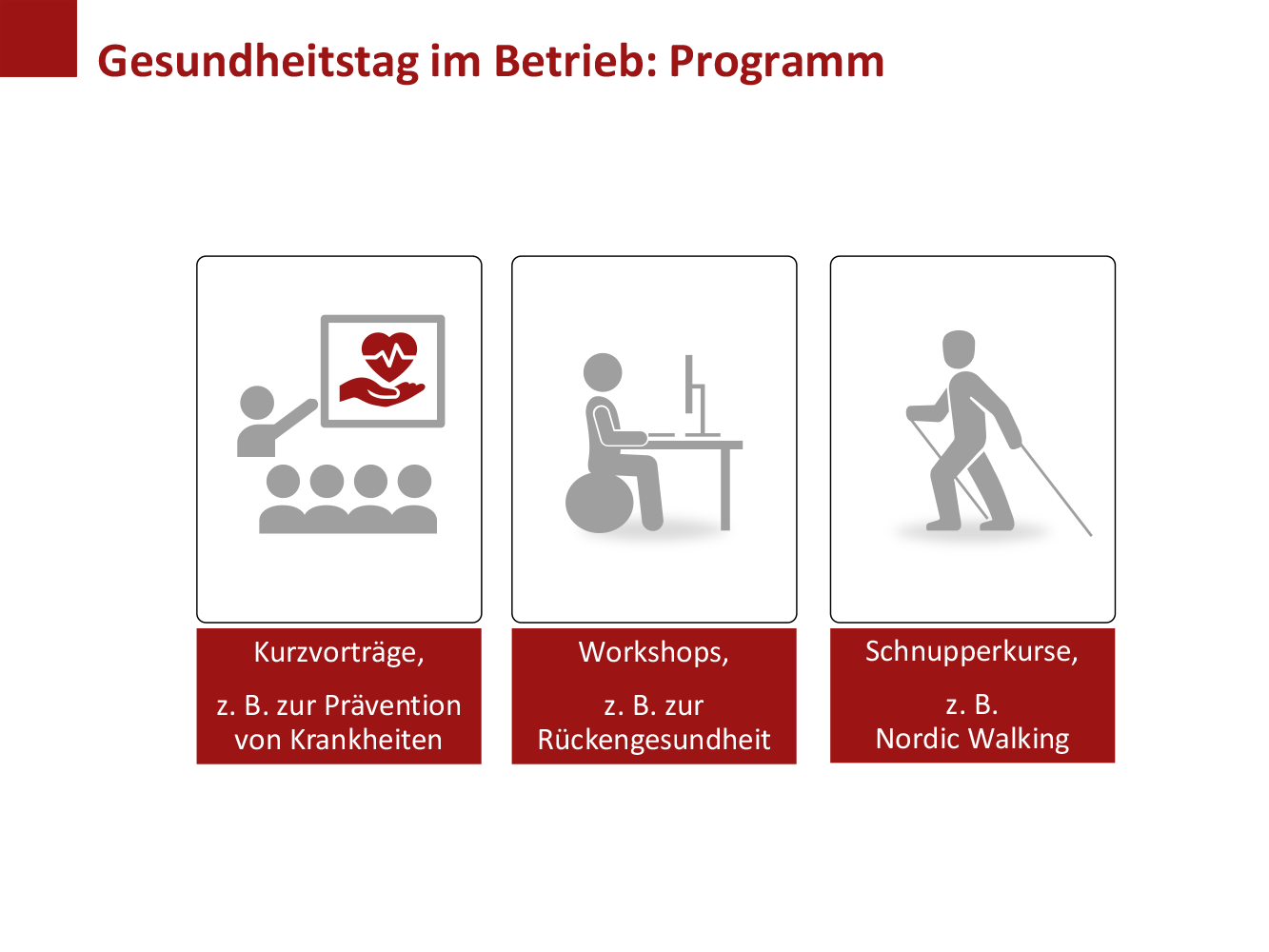 Drei Icons mit Text zum Programm beim Gesundheitstag im Betrieb. Bei zwei Iconmotiven wurde ebenfalls das graue Oval verwendet, um die Personen mit dem Boden zu verbinden