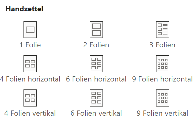 Auswahl möglicher Handzettel im Druckmenü Screenshot PowerPoint: Druckmenü für Handzettel