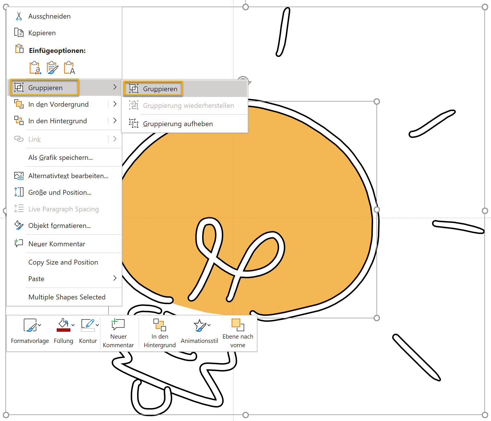 Markierte Glühbirnenkontur mit Flächenfüllung und geöffnetem Kontextmenü, in dem der Punkt Gruppieren markiert ist