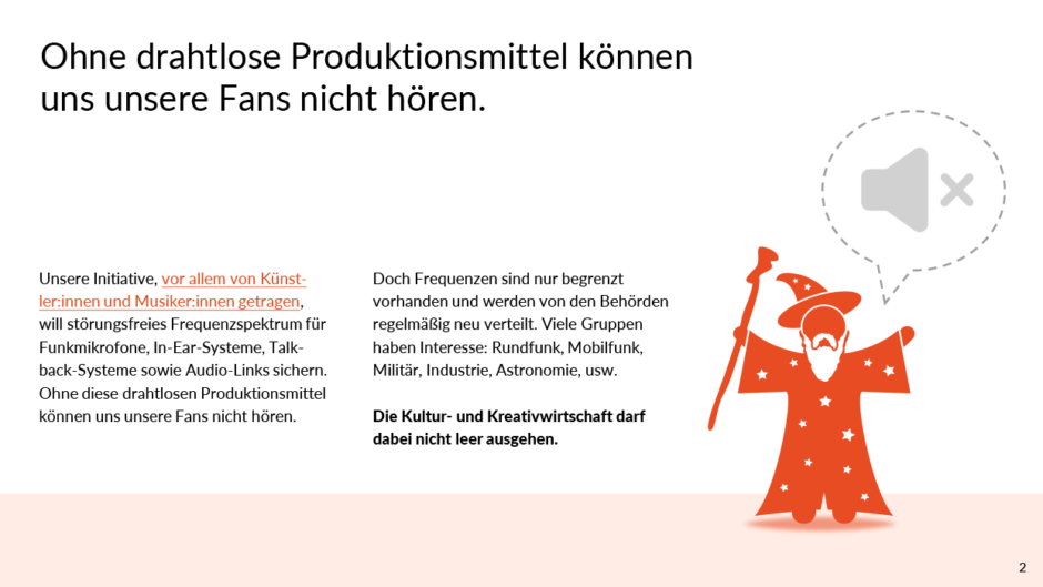 Ohne drahtlose Produktionsmittel können uns unsere Fans nicht hören: Zauberer in Gewandung mit Lautlos-Symbol und Text