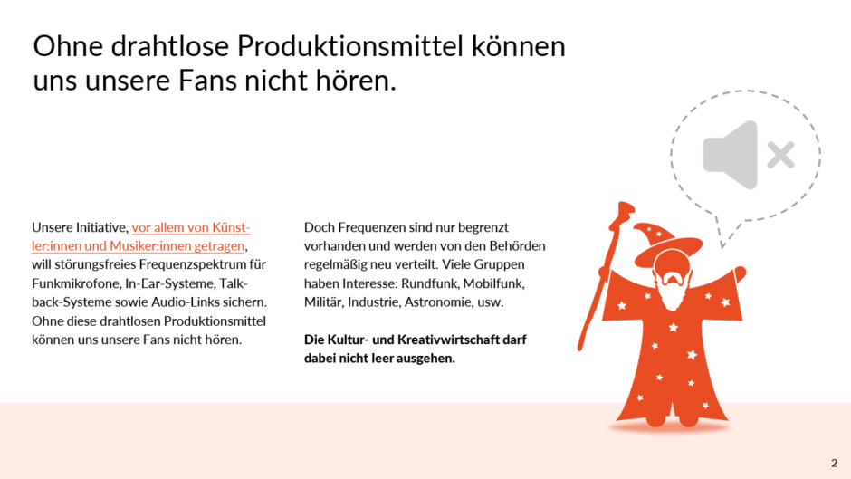 Seite eines visuellen Dokuments mit der Überschrift "Ohne drahtlose Produktionsmittel können uns unsere Fans nicht hören". Darunter ein zweispaltiger kurzer Text und die Grafik eines Zauberers in Gewandung mit Lautlos-Symbol 