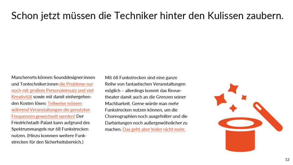 Schon jetzt müssen die Techniker hinter den Kulissen zaubern: Zauberstab mit Hut und nebenstehendem Text