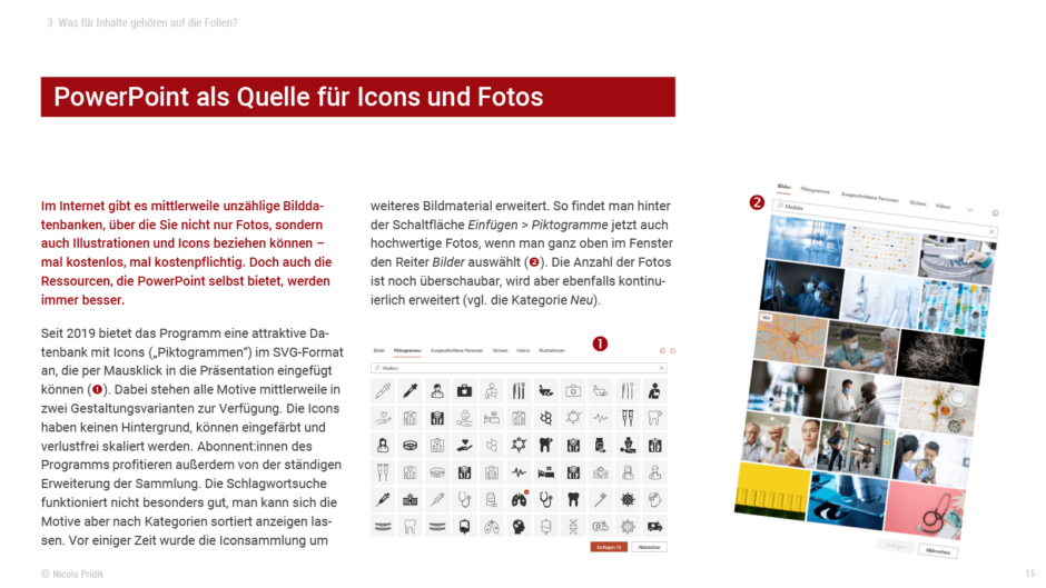 Seite eines visuellen Dokuments mit der Überschrift "PowerPoint als Quelle für Icons und Fotos". Darunter zwei Textpalten, die durch einen fett gesetzten Textabsatz eingeleitet werden, und zwei Screenshots.