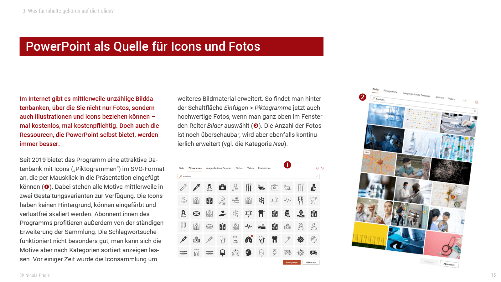 Seite mit der Überschrift PowerPoint als Quelle für Icons und Fotos