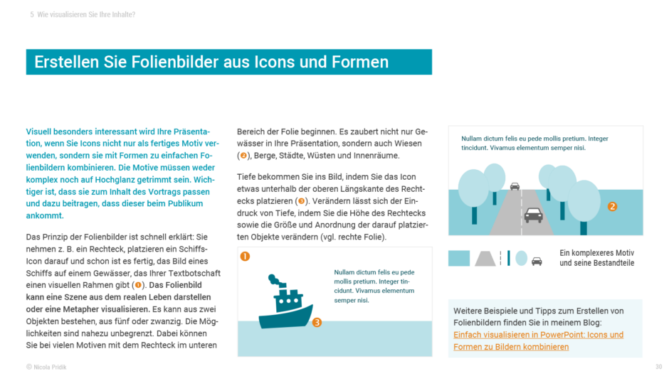 Seite eines visuellen Dokuments mit der Überschrift "Erstellen Sie Folienbilder aus Icons und Formen". Darunter drei Textpalten, die durch einen fett gesetzten Textabsatz eingeleitet werden, und zwei Folienbeispiele.