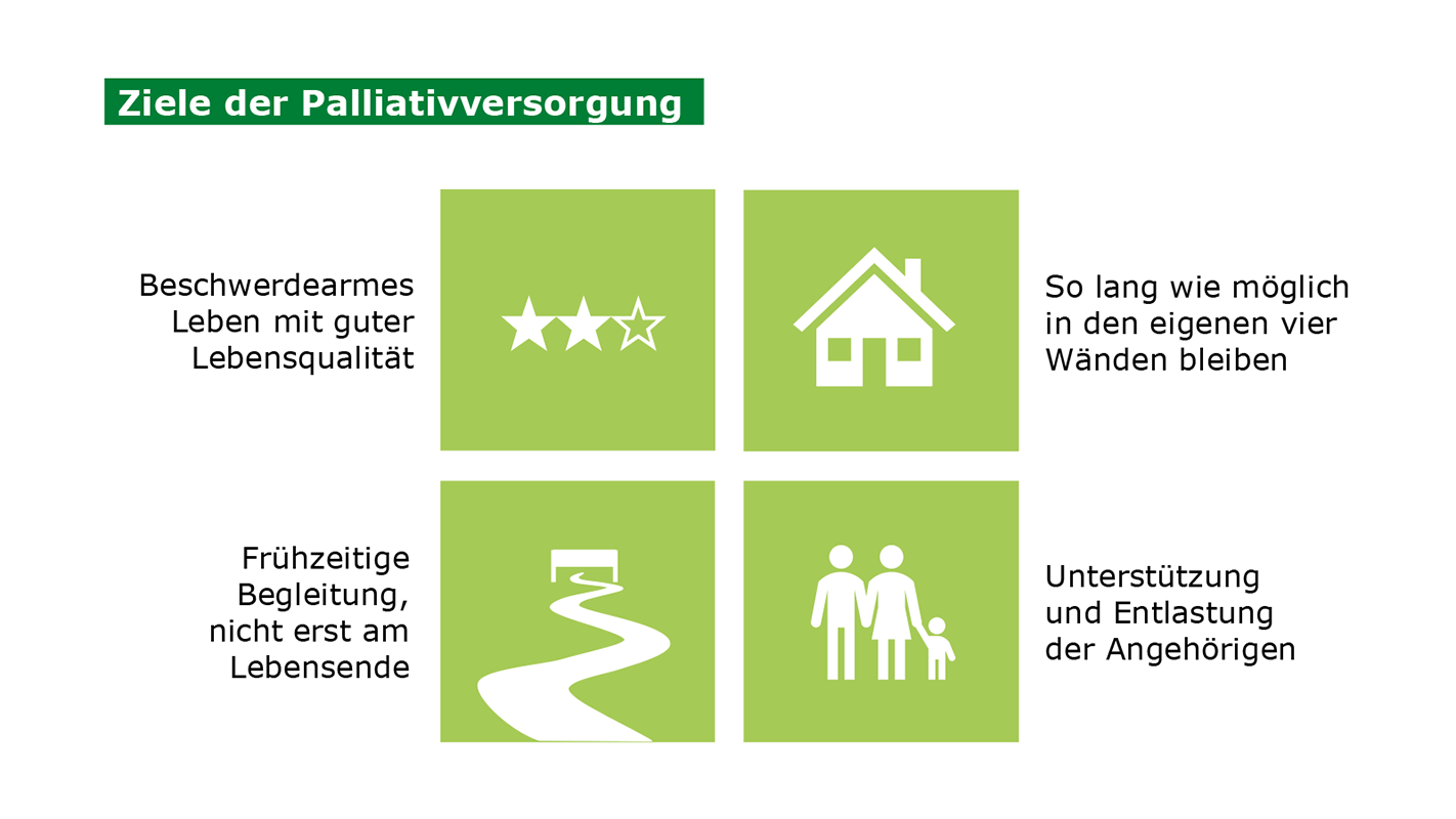 Ziele der Palliativversorgung, dargestellt mit vier Icons in grünen Kästen und passendem Text