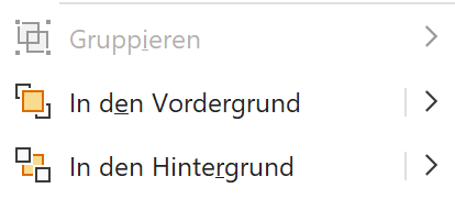 Screenshot PowerPoint: Kontextmenü mit den Menüpunkten In den Vordergrund und in den Hintergrund