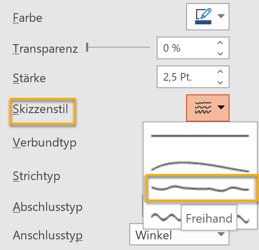 Screenshot PowerPoint: Linienformate mit markiertem Skizzenstil und dort der Freihand-Linie