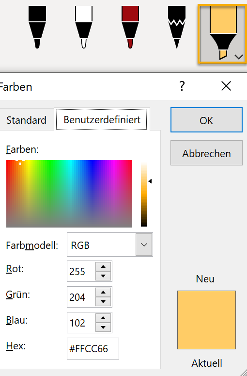 Screenshot PowerPoint: ausgeklappter Farbdialog beim Textmarker 